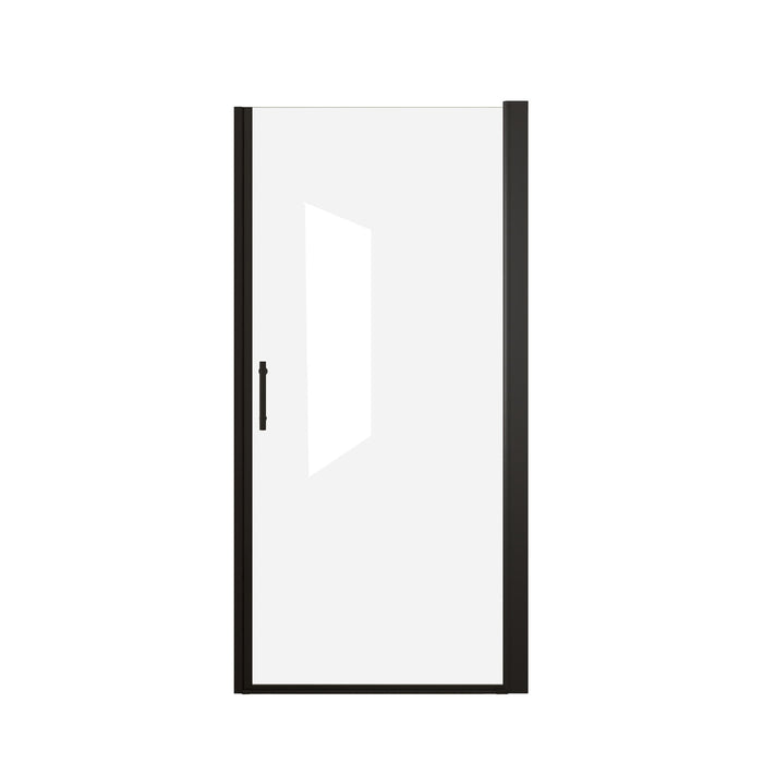Giga shower door with clear glass and explosion-proof safety film, featuring sleek design and sturdy construction for bathroom safety.