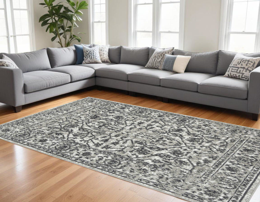 10' x 14' Gray Floral Power Loom Area Rug - Gray And Dark