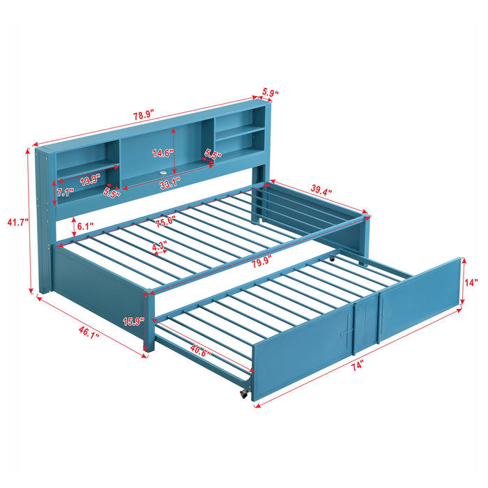 Giga industrial metal daybed with trundle, storage shelves, and USB ports, featuring a sturdy design and modern style.