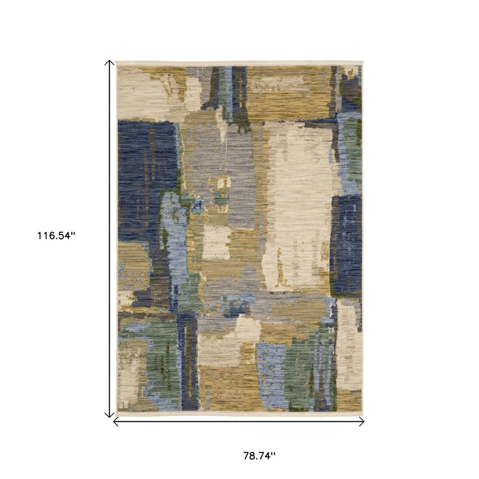 7' X 10' Abstract Area Rug With Fringe - Blue And Green