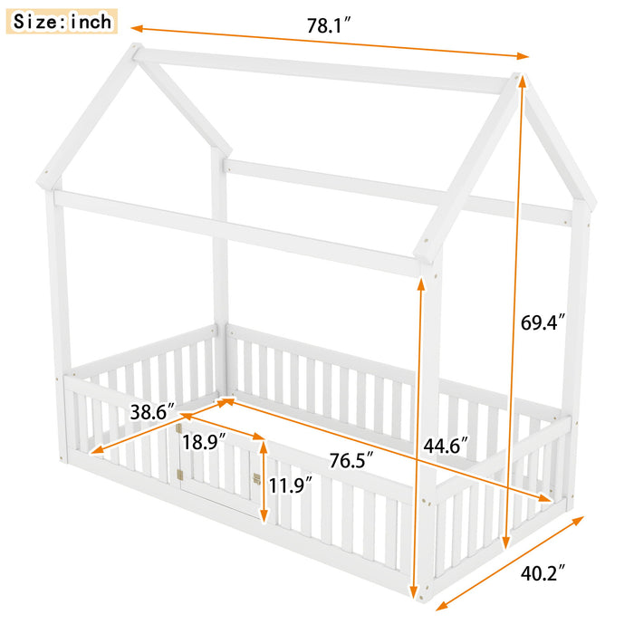 Giga wood house platform bed with fence, door, and cozy design, perfect for儿童rooms with charming, natural wooden features.