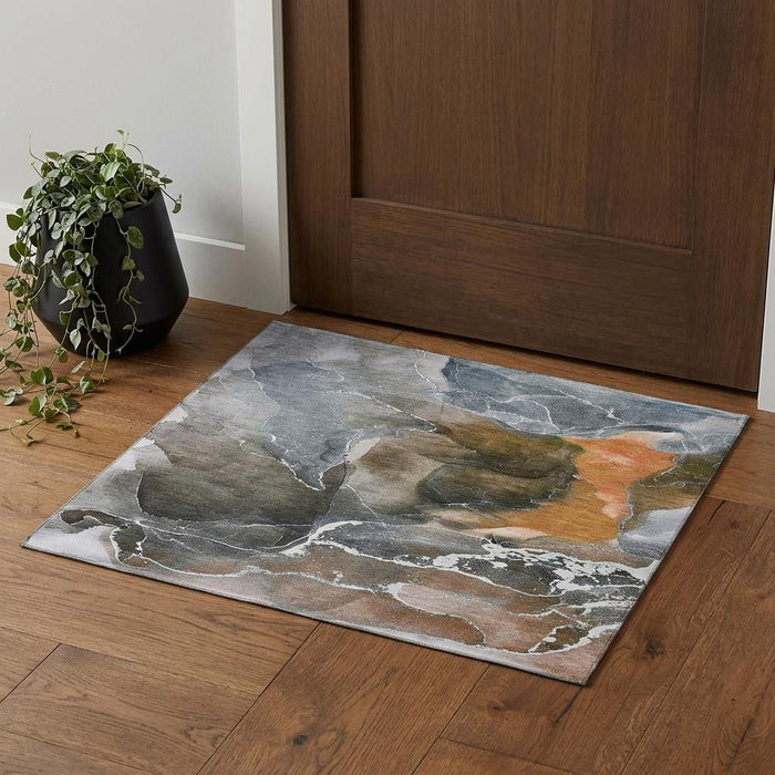 3' X 5' Abstract Washable Area Rug With UV Protection (646687) - Orange / Charcoal