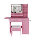 Pink Giga vanity desk set with LED mirror lights, 3 drawers, 7 shelves, and storage stool, featuring a power outlet charging station.