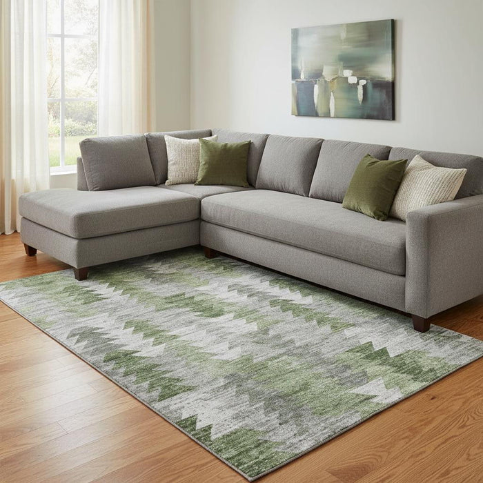 10' X 14' Geometric Washable Area Rug With UV Protection (653134) - Green / Ivory / Gray