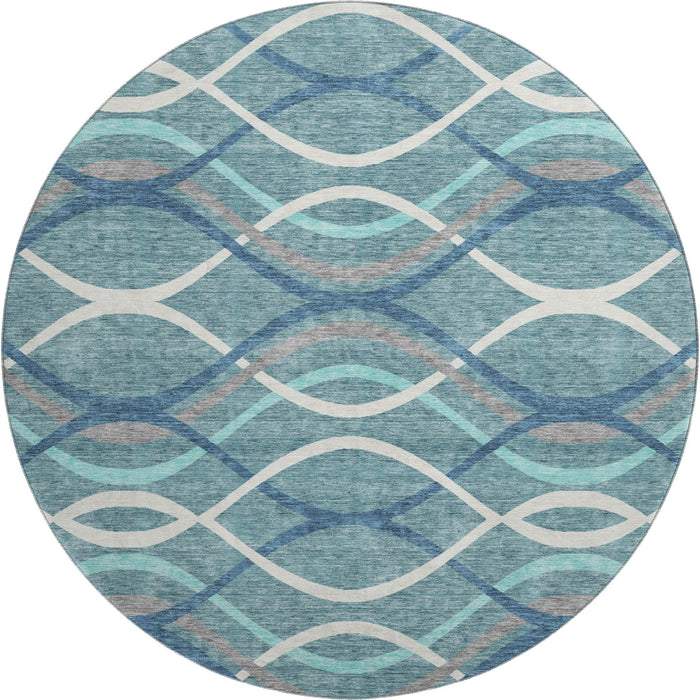 8' Transitional Transitional Abstract Washable Polyester Round Rug With UV Protection - Teal