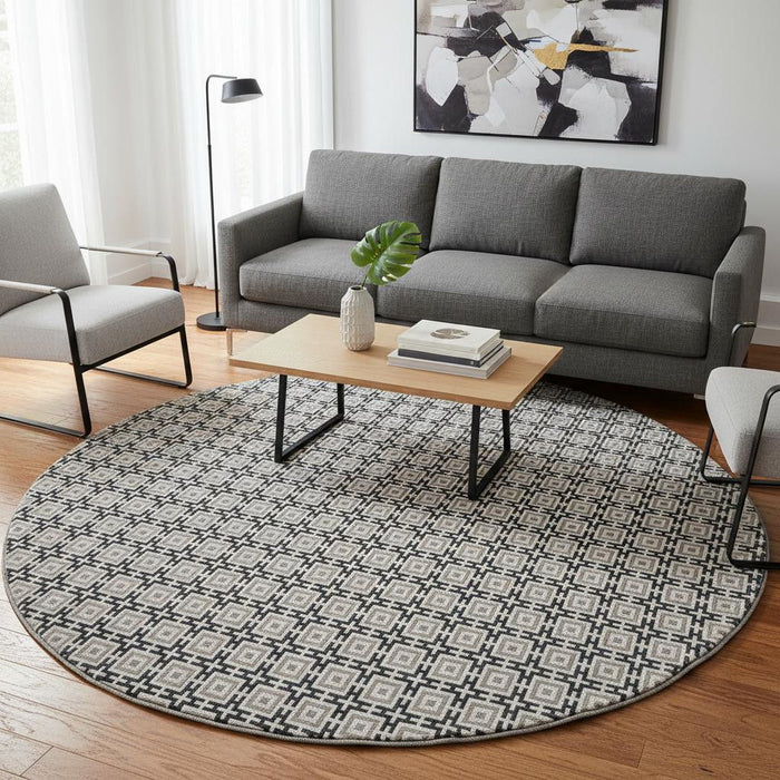 8' Geometric Washable Round Rug With UV Protection (645256) - Black / Ivory