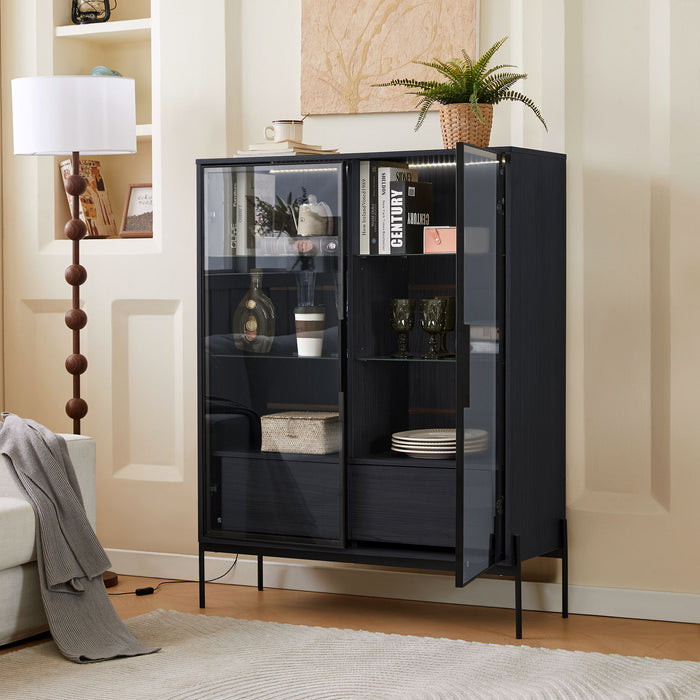 Giga modern minimalist LED display cabinet with tempered glass door and metal legs, ideal for showcasing collectibles and decor.