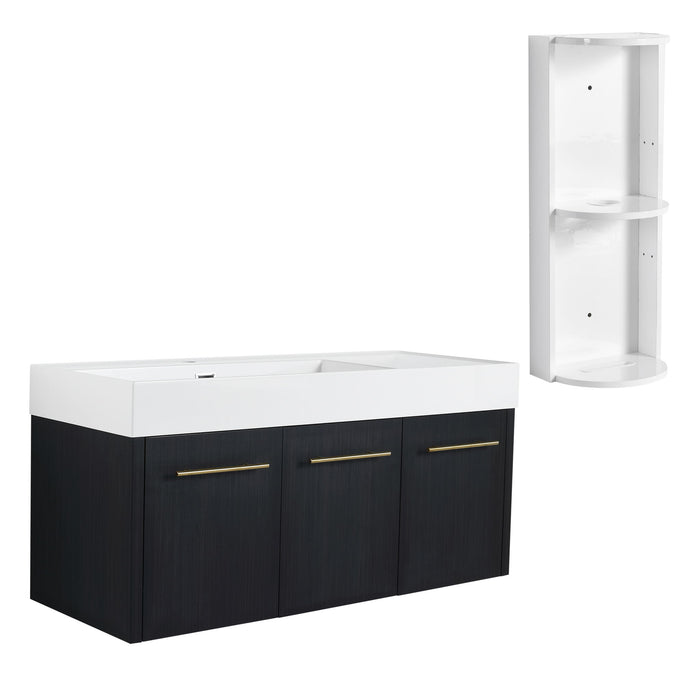 Modern Black Chestnut Giga bathroom vanity with wall mount, left resin sink, and storage rack.