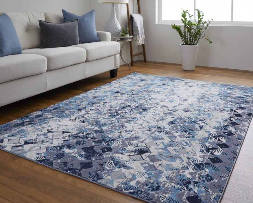 9' x 12' Geometric Power Loom Distressed Area Rug - Blue Ivory And Gray