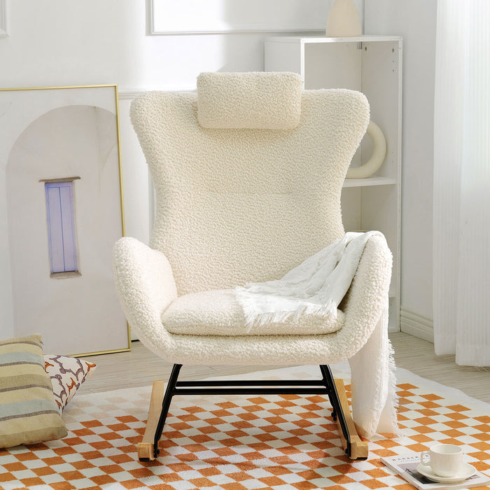Giga teddy upholstered nursery rocking chair with high backrest, adjustable headrest, pocket, and rubber wood frame.