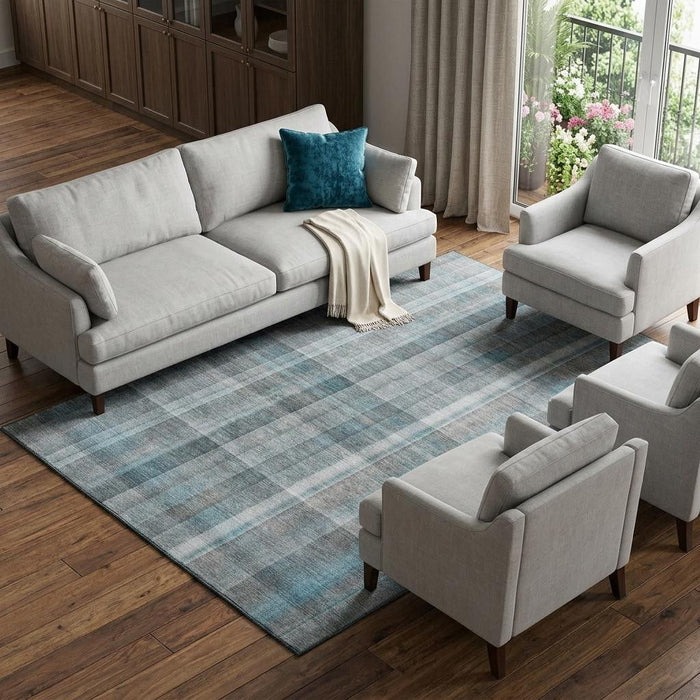 10' X 14' Plaid Washable Area Rug With UV Protection (648034) - Teal / Ivory