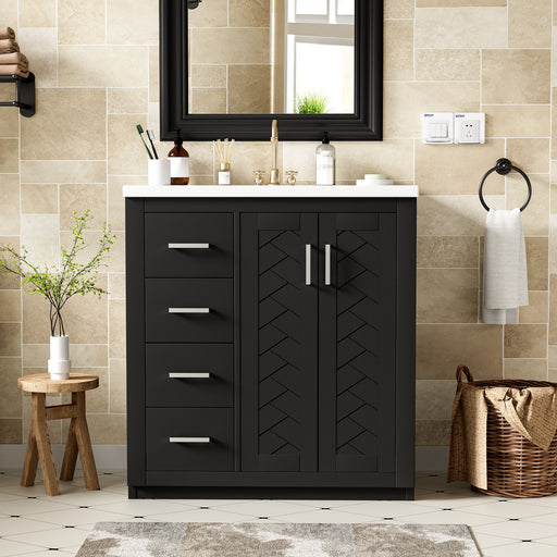 Giga ceramic sink combo vanity set with three drawers and soft closing doors in a modern freestanding design.