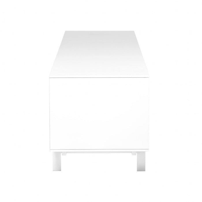 White ManufactuRed wood TV stand with enclosed storage and cabinet doors, ideal for living room entertainment setup.