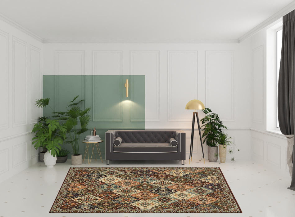 8' x 11' Oriental Power Loom Stain Resistant Area Rug With Fringe - Red Rust Navy Light Blue Brown Orange Ivory And Gold