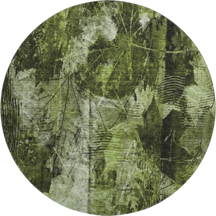 8' Floral Washable Round Rug With UV Protection (649069) - Green / Ivory