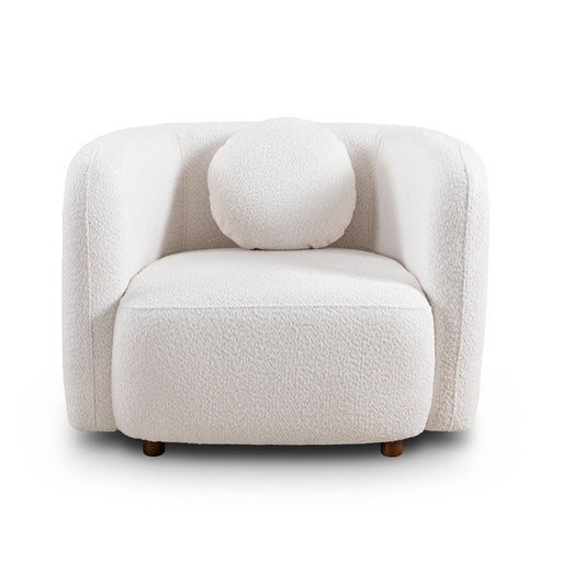 Giga Japandi style accent square arm chair with wooden legs and neutral fabric upholstery, modern minimalist design.