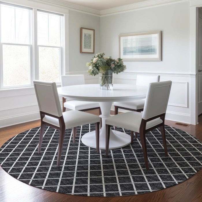 8' Geometric Washable Round Rug With UV Protection - Black / Ivory