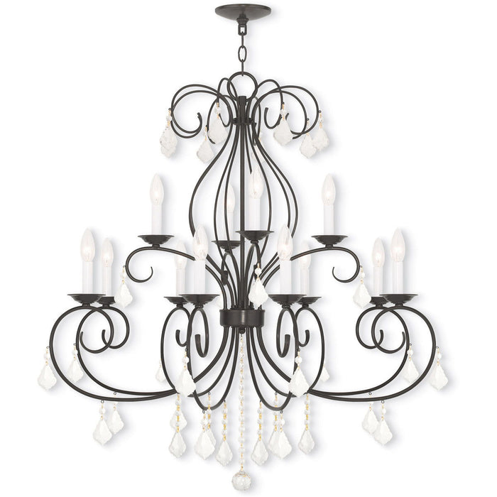 Twelve Light Metal Dimmable Chandelier With Shades - Bronze / Clear