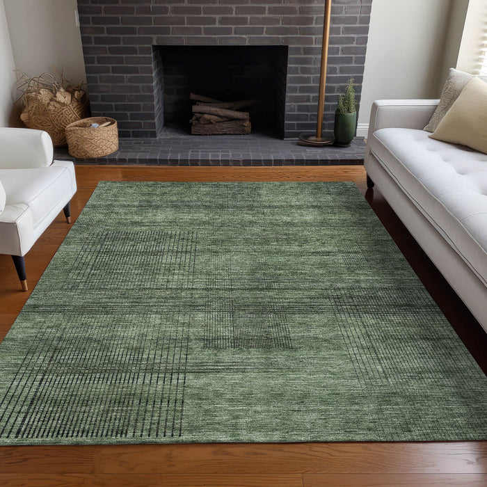 10' X 14' Striped Washable Area Rug With UV Protection - Olive Green And Gray