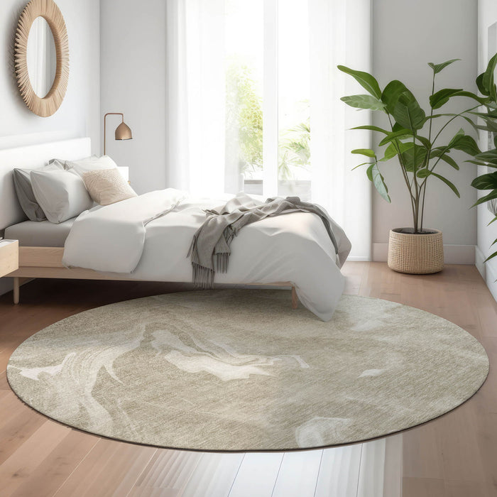 8' Abstract Washable Round Rug With UV Protection - Taupe And Ivory