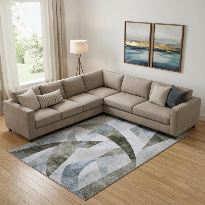10' X 14' Abstract Geometric Washable Area Rug With UV Protection (705293) - Taupe / Blue / Ivory