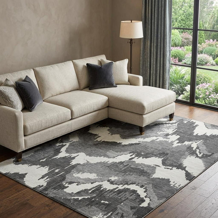 10' X 14' Abstract Washable Area Rug With UV Protection (668627) - Black / Ivory