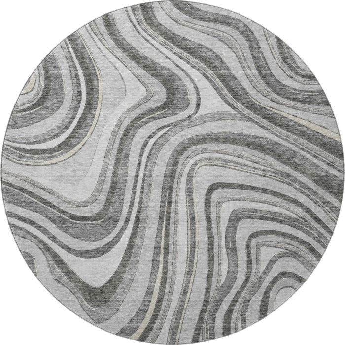 8' Marble Washable Round Rug With UV Protection - Gray And Ivory