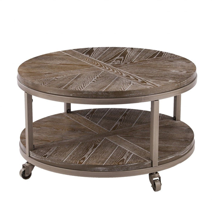Wood With Iron Round Distressed Coffee Table - Brown