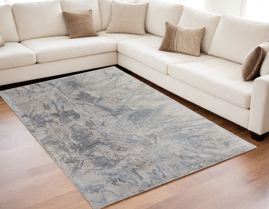 5' x 8' Abstract Hand Tufted Worn Faded Area Rug - Gray Tan And Green