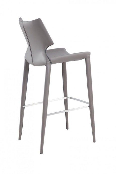 Set of two gray faux leather and steel low back bar height chairs by HomeRoots with modern design and bar stool style.