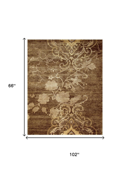 5' X 8' Floral Hand Knotted Area Rug (744171) - Brown / Tan / Ivory