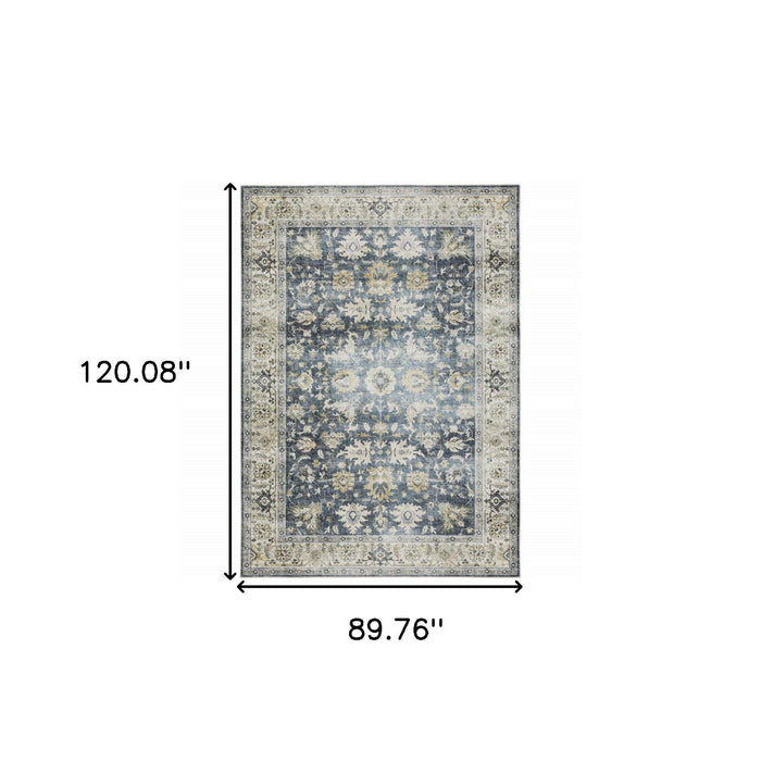 7' x 10' Oriental Printed Stain Resistant Non Skid Area Rug - Blue Gold Green And Ivory