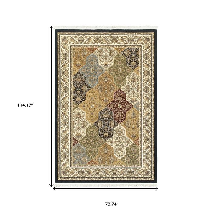 7' X 10' Oriental Area Rug With Fringe - Navy Blue / Ivory