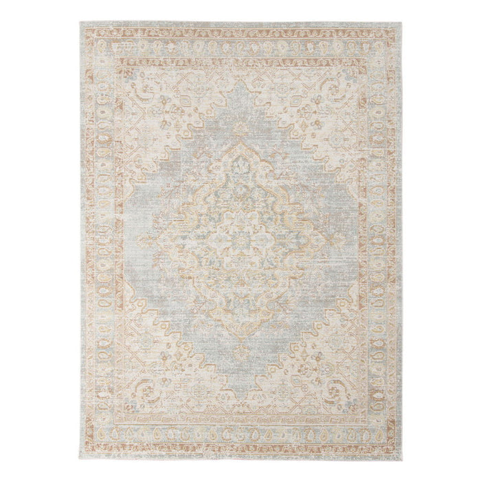 9' x 13' Medallion Power Loom Worn Faded Area Rug - Beige And Gray