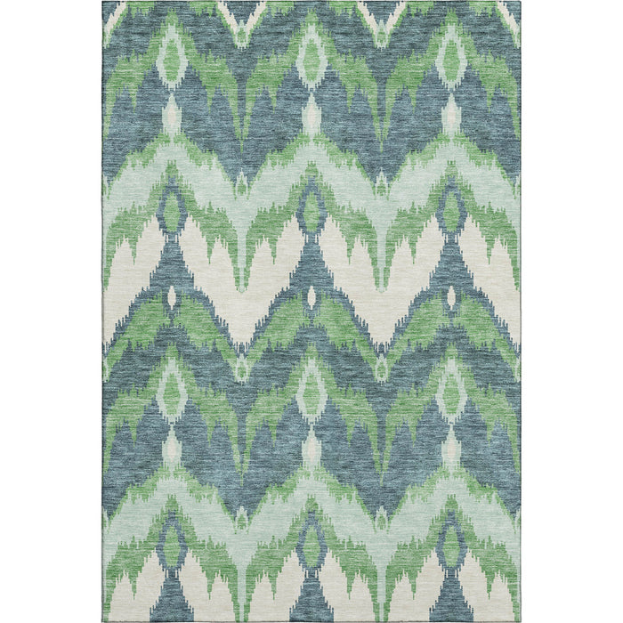 9' X 12' Ikat Washable Area Rug With UV Protection - Green And Ivory