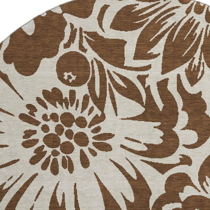 8' Floral Washable Round Rug With UV Protection (648625) - Brown / Ivory
