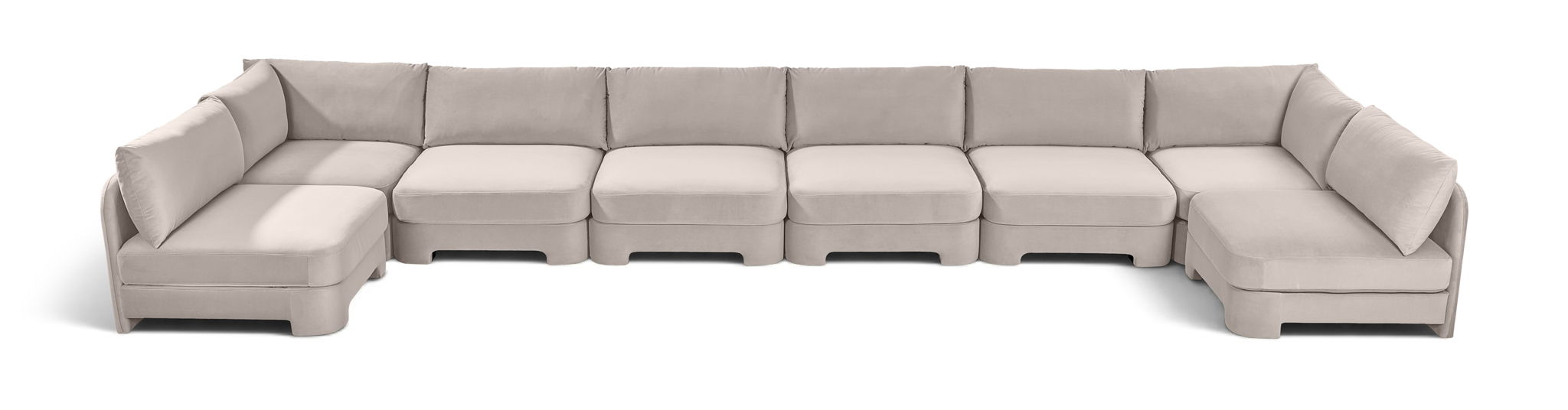 Beige Hammond velvet upholstery 8-piece U-shaped sectional sofa by Meridian Furniture, armless stationary living room furniture.
