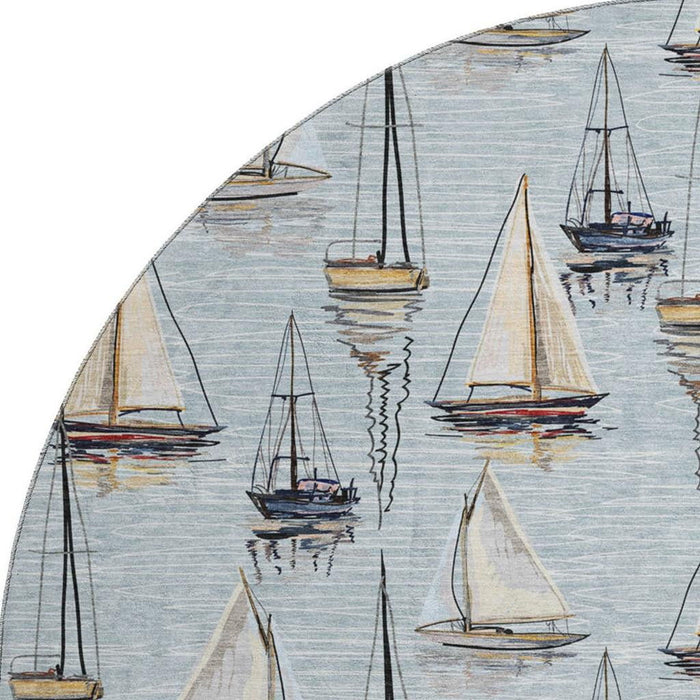8' Nautical Washable Round Rug With UV Protection - Sky Blue