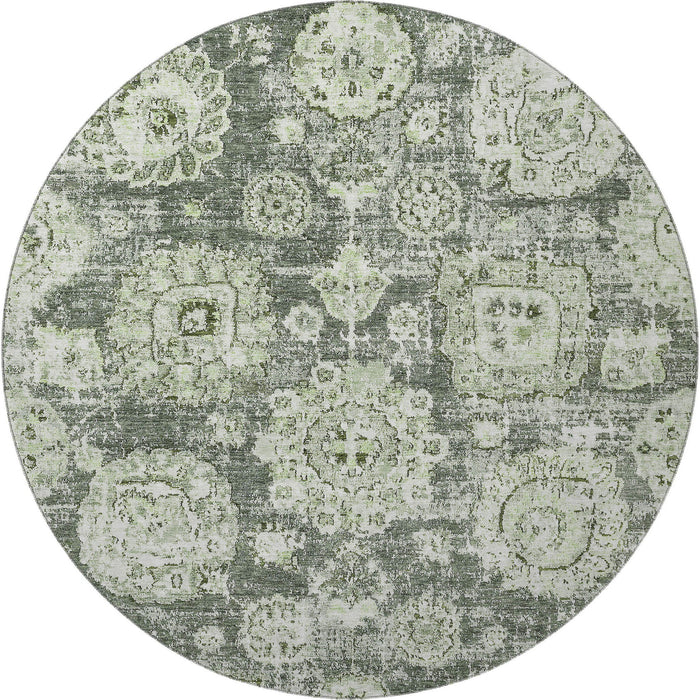 8' Floral Washable Round Rug With UV Protection (653173) - Artichoke Green / Ivory / Gray