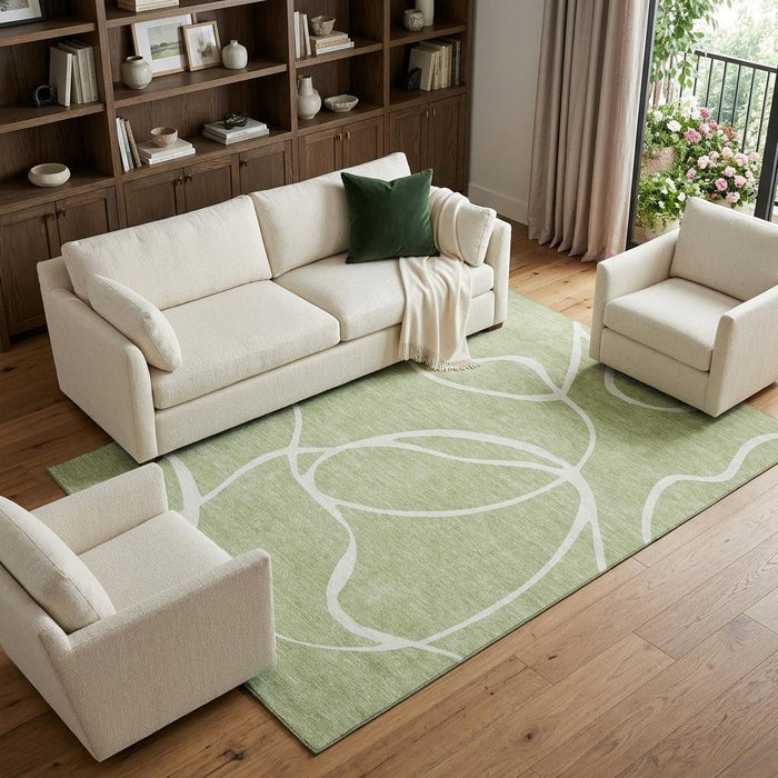 10' X 14' Abstract Washable Area Rug With UV Protection (678616) - Artichoke Green / Ivory
