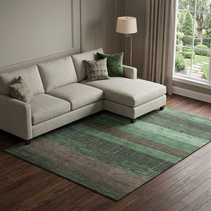 10' X 14' Striped Washable Area Rug With UV Protection (694478) - Green / Taupe