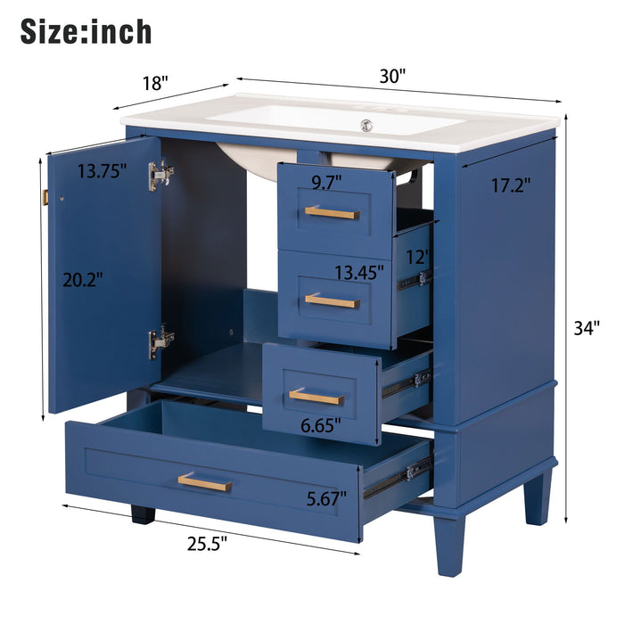 Modern Giga bathroom vanity with sink, solid wood frame, soft-close door, and three drawers for stylish bathroom storage.