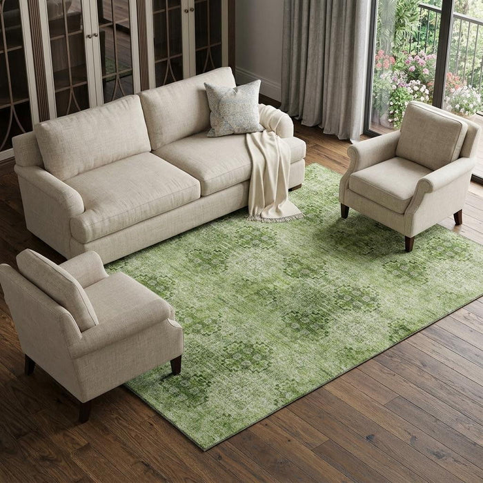 8' X 10' Floral Medallion Distressed Washable Area Rug With UV Protection (648938) - Olive Green / Ivory