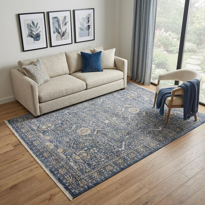 5' X 8' Floral Non Skid Area Rug With Fringe (550255) - Blue / Cream