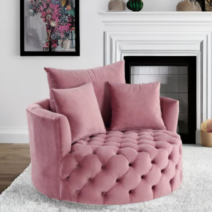 Velvet Tufted Swivel Barrel Chair And Toss Pillows - Pink