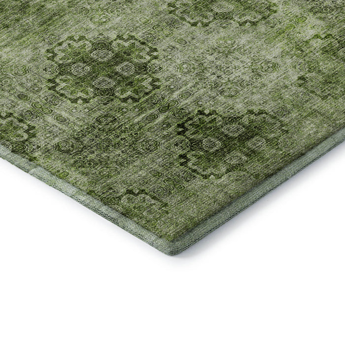 8' X 10' Floral Medallion Distressed Washable Area Rug With UV Protection (648938) - Olive Green / Ivory
