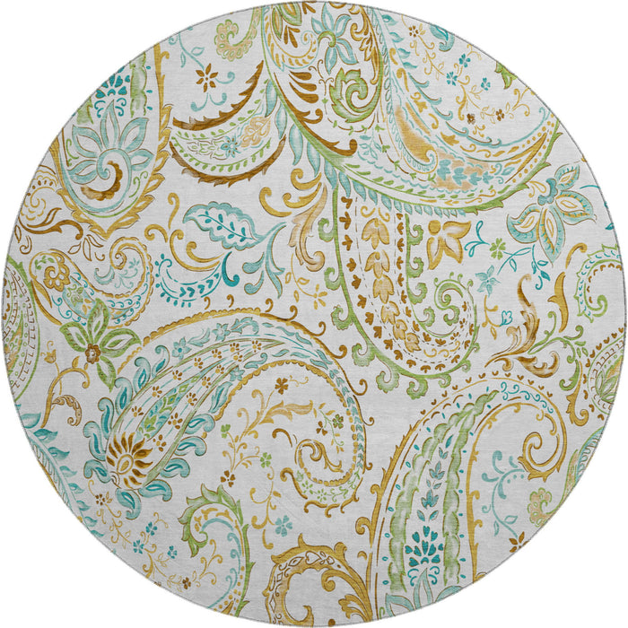 8' Paisley Distressed Washable Round Rug With UV Protection (647977) - Ivory / Blue / Green