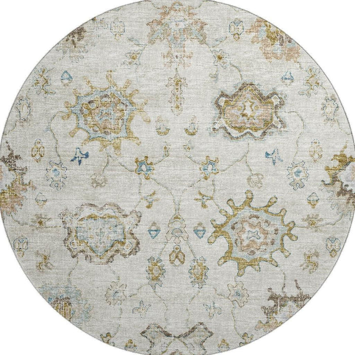 8' Floral Medallion Distressed Washable Round Rug With UV Protection (644619) - Linen / Blue / Coffee