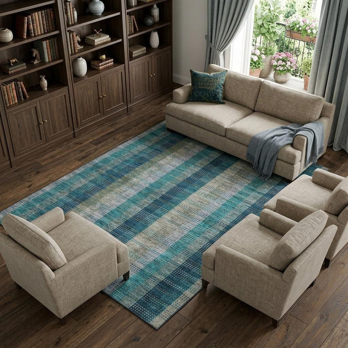 10' X 14' Plaid Washable Area Rug With UV Protection (676512) - Teal / Olive Green / Taupe