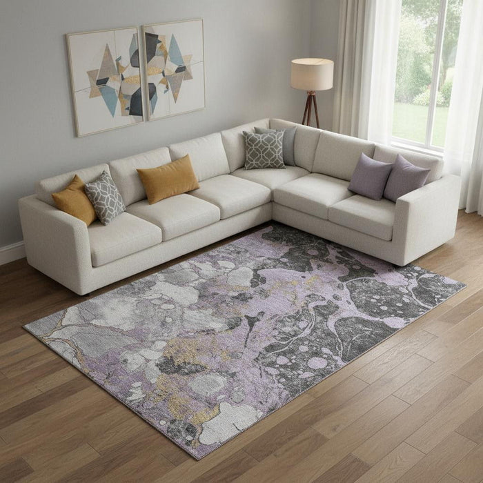 10' X 14' Abstract Washable Area Rug With UV Protection (707779) - Lavender / Beige / Gray